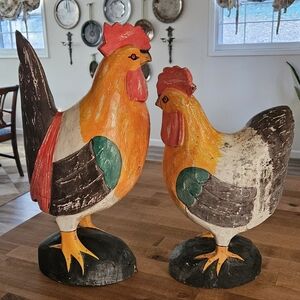Vintage Wooden Folk Art Hen and Rooster Set